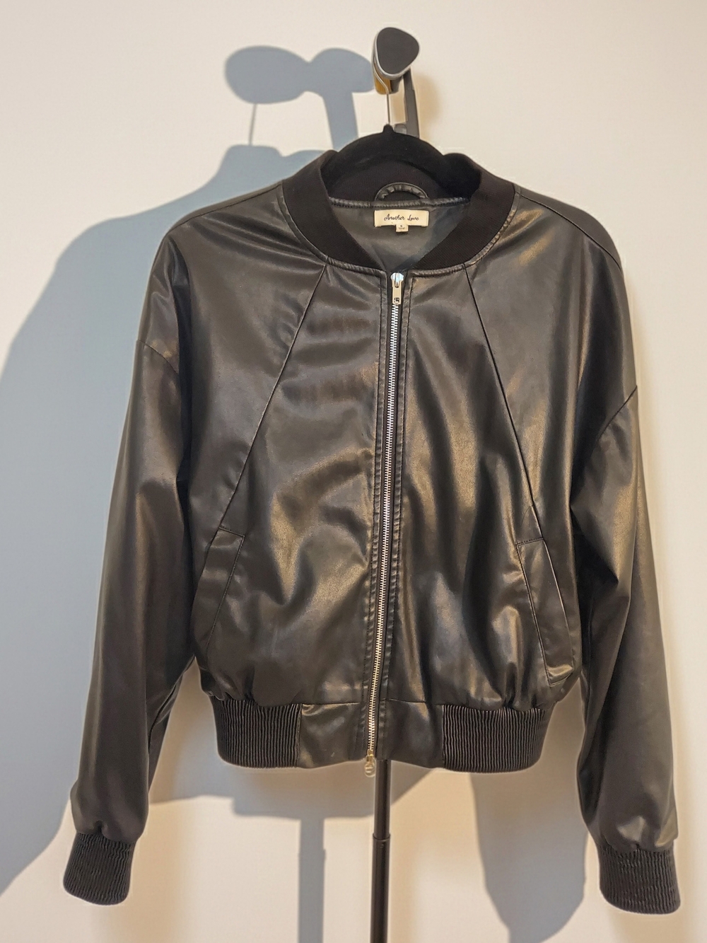 Another Love Women's Faux Black Leather Zipper Front Bomber Jacket Size S